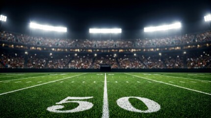 Fototapeta premium Green field in American football stadium. ready for game in the midfield. American Football Field at Night with 50-Yard Line and Glowing Stadium Lights
