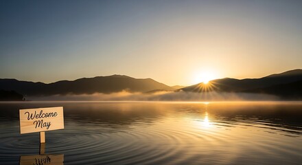 Obraz premium welcome sign at serene lakeside sunrise with misty mountains and golden light