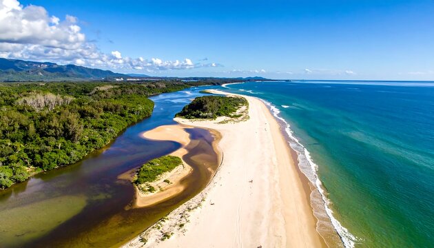 Aerial view of a coastline, a river meets the ocean, lined by a sandy beach and lush trees under a bright blue sky