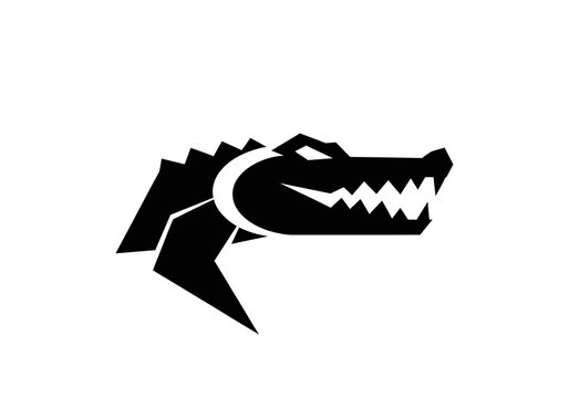 Minimalist black alligator head logo on white background