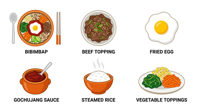 An appetizing and complete infographic illustration showcasing the famous Korean bibimbap dish alongside its diverse traditional ingredients and flavorful components.