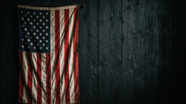 Distressed American Flag Backdrop on Black Wood Panels