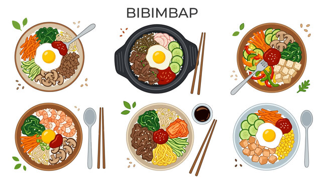 Various bowls of delicious bibimbap featuring fresh vegetables and savory meat arranged in a colorful collection of traditional korean meals