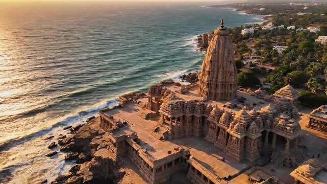 An aerial view showcases the stunning architecture of the Shore Temple in Mahabalipuram, India, dramatically perched on a rocky coastline with the turquoise ocean stretching into the horizon.