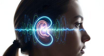 Obraz premium A young girl's profile with a glowing blue ear and sound wave emanating from it on a white background