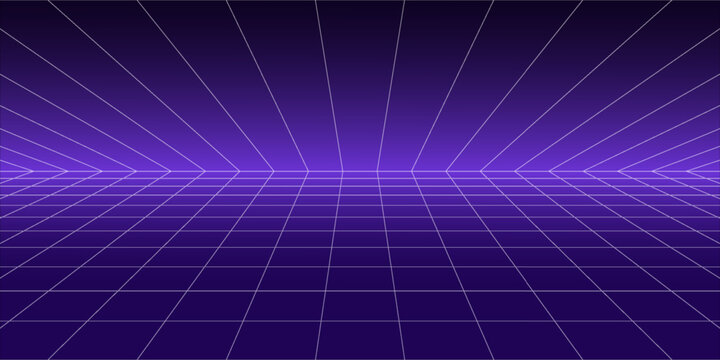 Purple glow neon wireframe background. Dark shining checkered grid floor plane in perspective. Bright retro futuristic horizon wallpaper. Arcade game sci fi matrix landscape surface. Vector backdrop