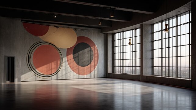 Modern Art Studio Interior with Geometric Wall Mural