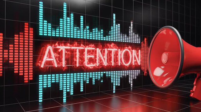 3D animation of red megaphone and neon attention text with audio equalizer bars on a dark grid wall for alert announcement