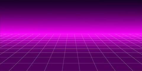 Retro futuristic grid background vanishing in distance. Bright neon pink glowing tile floor and ceiling fading in perspective. Lattice plane landscape wallpaper. Abstract horizontal surface. Vector © Bunga