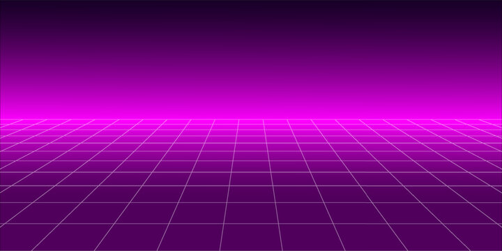 Retro futuristic grid background vanishing in distance. Bright neon pink glowing tile floor and ceiling fading in perspective. Lattice plane landscape wallpaper. Abstract horizontal surface. Vector
