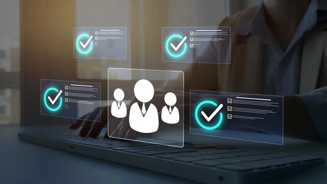 Digital human resources selection system for business operations management. Modern HR management covering recruitment, hiring, employee development, team work, performance and corporate growth.	
