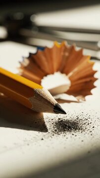 Close up of sharpened pencils and wood shavings on paper