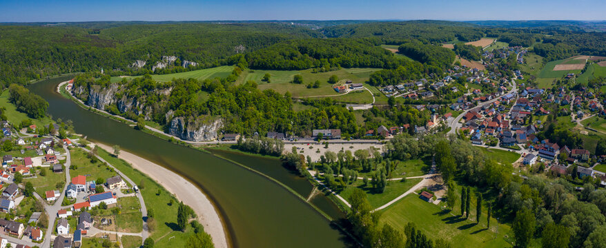Aerial view of the city Weltenburg, 93309 Kelheim in Germany, Bavaria on a sunny spring day