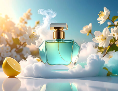 Abstract Scent cloud: Exquisite minimalist perfume bottle centered amidst floating abstract vapor clouds evokes feeling of refreshing serene luxury