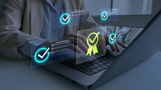Quality Standard Approval Assurance concept. Businessman check virtual electronic documents and checklist approve.