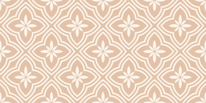 Vector floral ornament in oriental style. Subtle asian seamless pattern with big flowers, leaves, tiles, curved lines. Simple abstract background texture. Delicate repeated design for print, textile