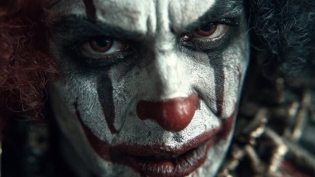 Extreme close-up of a scary clown laughing maniacally, showing its evil grin and spooky eyes