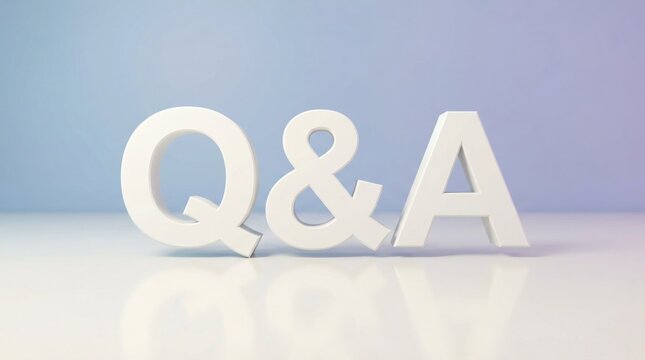Three-dimensional white q and a letters standing on a reflective white surface against a soft purple and blue gradient background, clean studio lighting