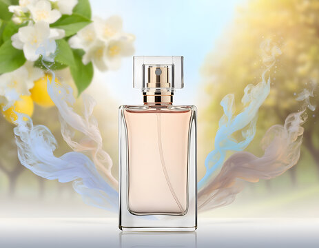 Abstract Scent cloud: Exquisite minimalist perfume bottle centered amidst floating abstract vapor clouds evokes peaceful and refreshing aromatic experience