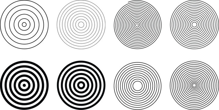 Black spiral pattern set vector featuring eight concentric spiral designs arranged in two rows with quarter-circle half-circle and full circular