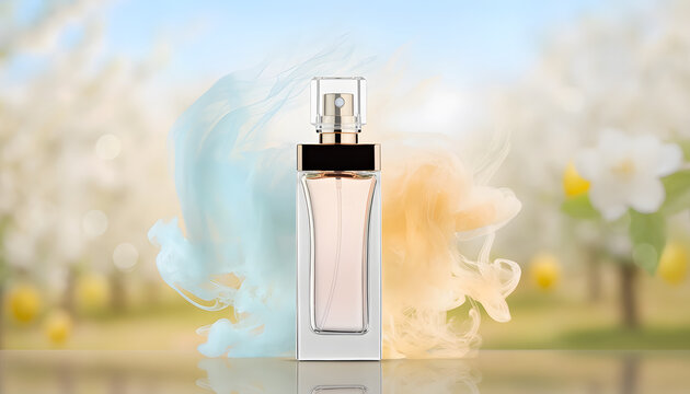 Abstract Scent cloud: Exquisite minimalist perfume bottle centered amidst floating abstract vapor clouds, serene fragrance product in calm peaceful mood