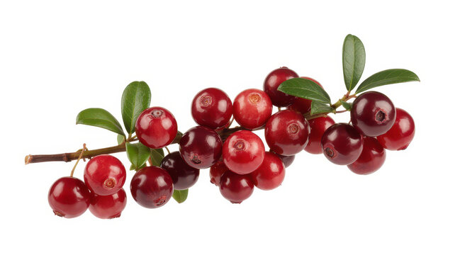 A branch of fresh ripe red cranberries with green leaves isolated on a plain white background