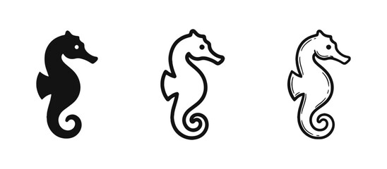 Fototapeta premium Seahorse Icon Set - Marine Life and Ocean Animal Silhouette, Outline and Hand-Drawn Styles