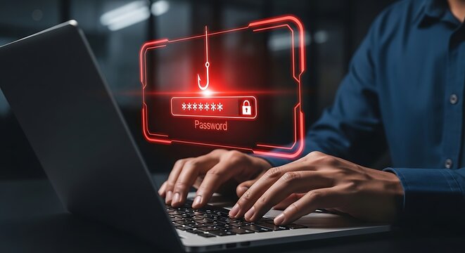 Digital identity security breach showing phishing hook stealing password login information