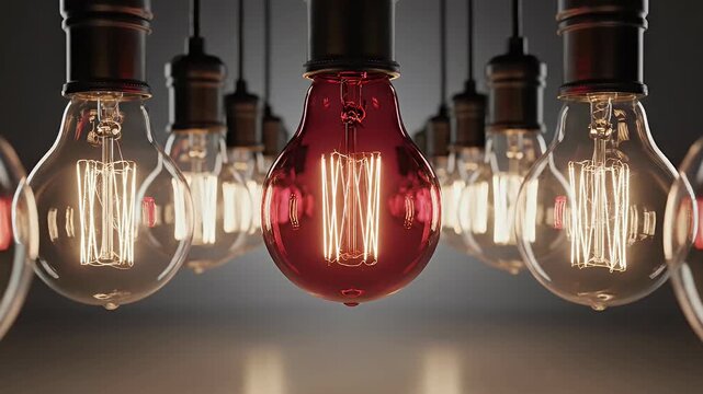 A striking image showcases a row of vintage Edison light bulbs, with one illuminated in a vibrant red hue, symbolizing innovation and a unique perspective.