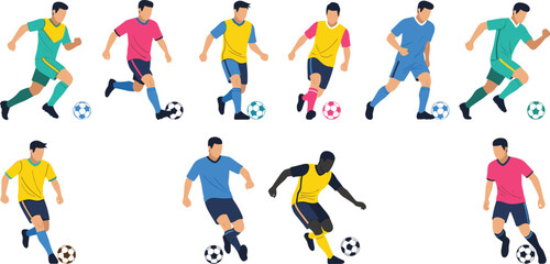 Vector Illustration of Soccer Players in Action with Different Jerseys and Footballs for Sports, Football, and Athletic Graphics © Firoz