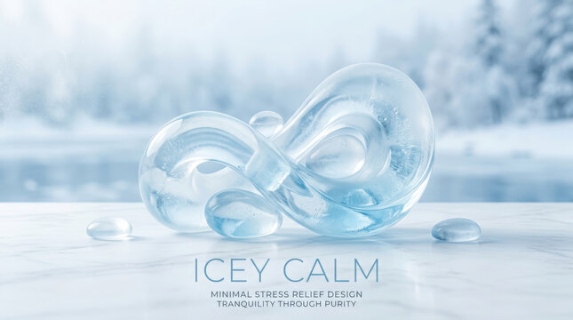 Frozen ice cubes on a snowy surface with a serene winter landscape background