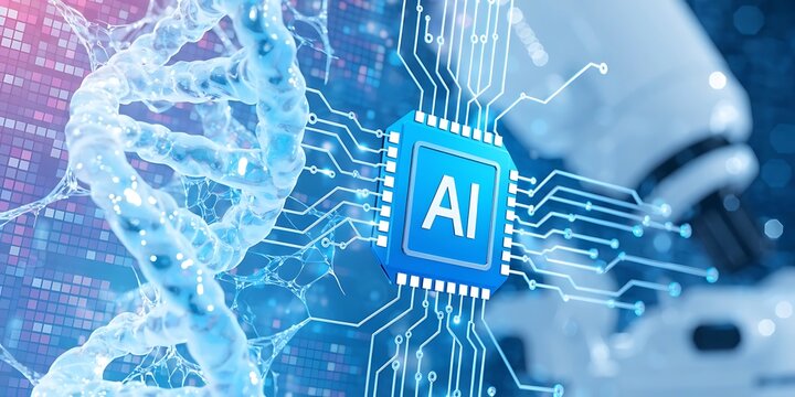 DNA strand with digital code, AI microchip and microscope symbolize artificial intelligence in genetics, biotechnology and medical research. Biotechnology, Medicine.scientist in laboratory.DNA,RNA