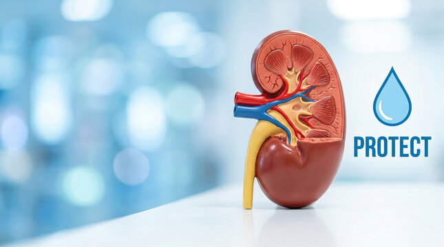 Anatomical kidney model with detailed internal structure displayed on white surface with blue blurred background and water drop icon with word protect symbolizing kidney health awareness