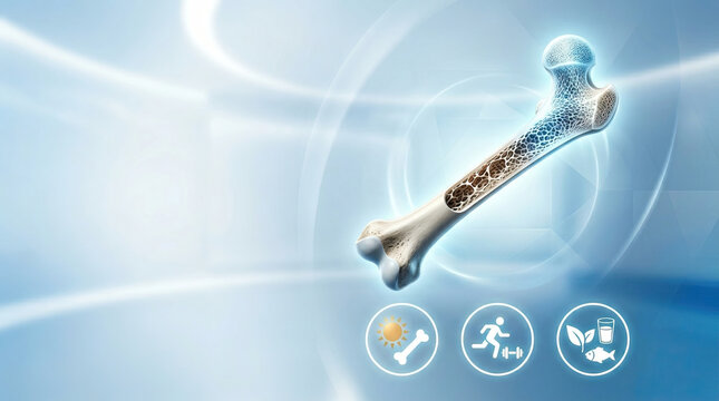 Healthy femur bone with detailed structure and icons representing sun exposure, exercise, and nutrition for strong bones in bright blue background