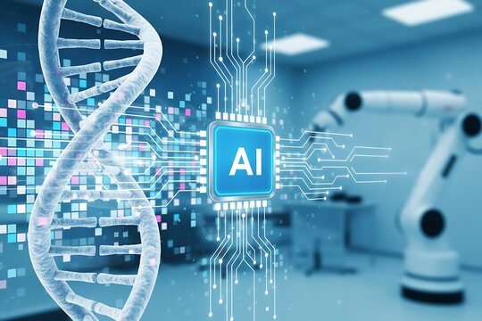 DNA strand with digital code, AI microchip and microscope symbolize artificial intelligence in genetics, biotechnology and medical research. Biotechnology, Medicine.scientist in laboratory.DNA,RNA