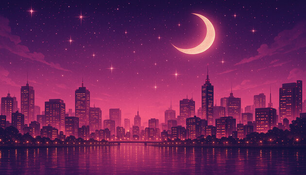 幻想的な夜空と月が輝く近未来都市