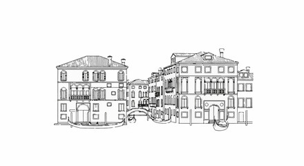 Obraz premium Ink sketch of historic canal buildings with gondolas and a bridge