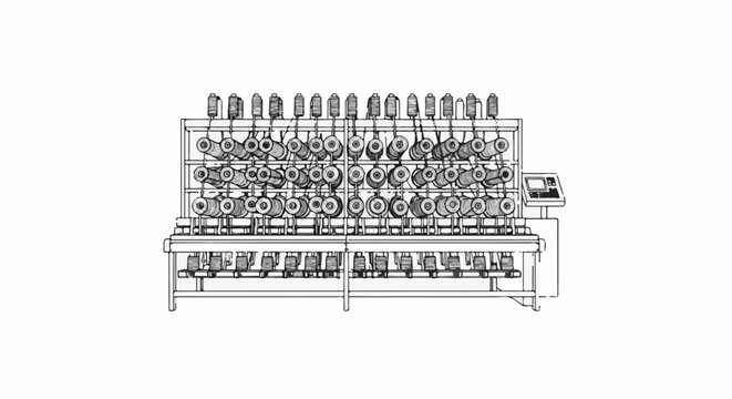 Industrial textile machine with multiple spools and a control panel