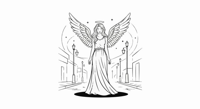 Line art of a winged figure with a halo standing on a street