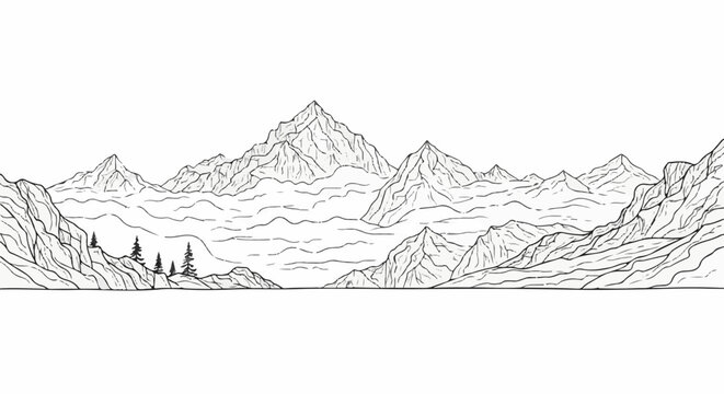 Ink sketch of a majestic mountain range with jagged peaks and rolling hills