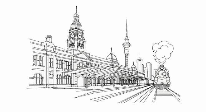 Historic train station with steam engine and city skyline