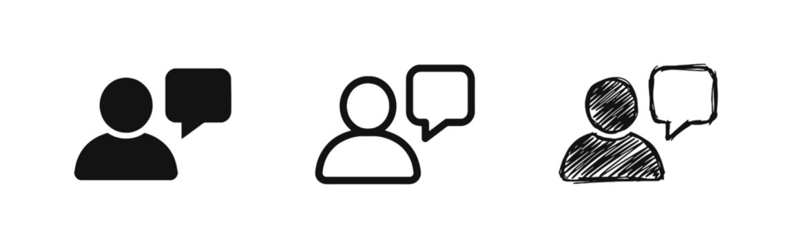 User comment icon set with person and speech bubble symbols for feedback and communication