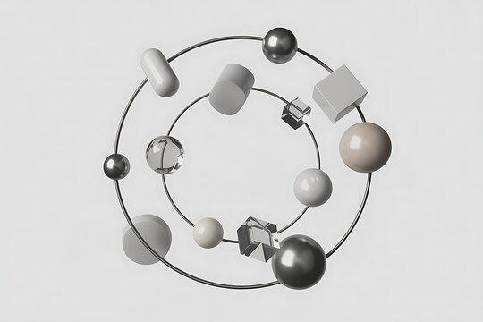 Abstract 3D composition with geometric spheres and cubes floating on circular orbit rings