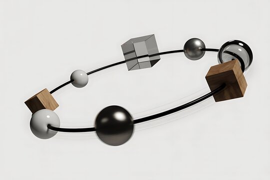 Abstract 3D composition with spheres and cubes connected by a circular ring