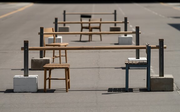 A row of wooden school chairs and desks arranged as athletic hurdles on a track field for a school sports day competition