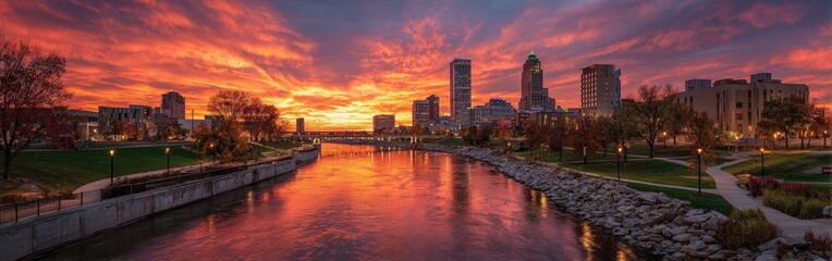 Fototapeta premium Panoramic view of Des Moines skyline at sunset with vibrant colors reflecting on the river.