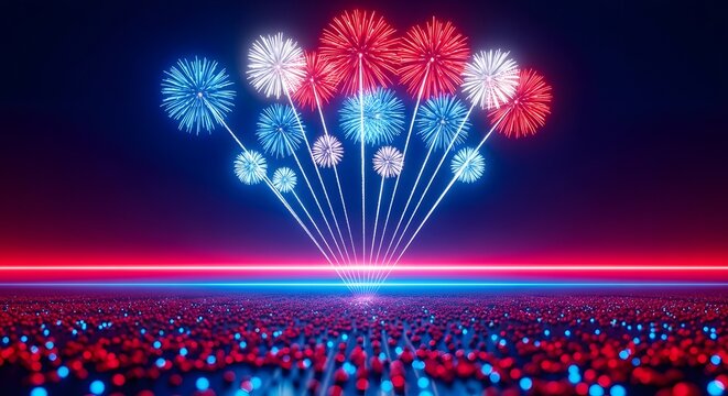 Patriotic red white and blue fireworks display with digital ground