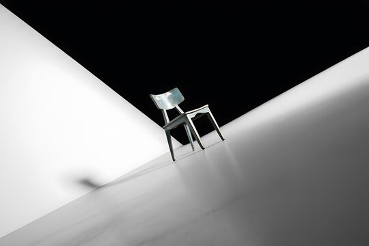 A single wooden chair standing in a modern room with dramatic light and shadow