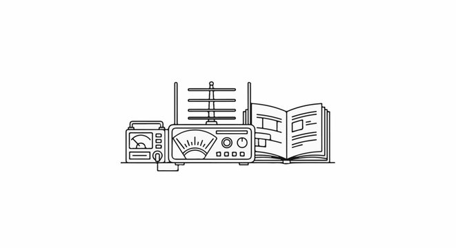 Line art of radio equipment with an open manual