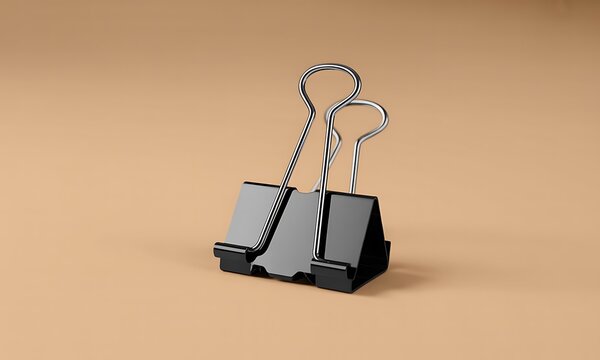 A single black metal binder clip for paper on a brown desk surface